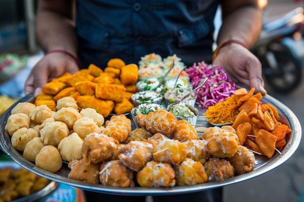Person holding a tray of assorted indian street snacks