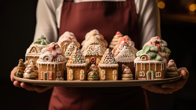 A person holding a tray of freshly baked gingerbread houses