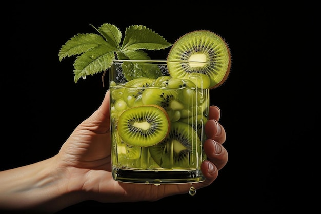 A person holding a tropical drink garnished with a slice of kiwi fruit