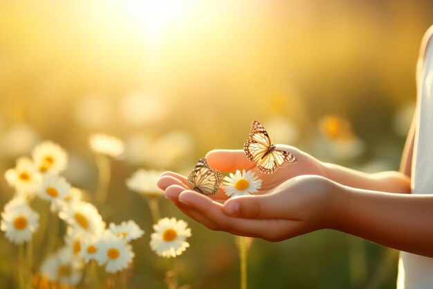 Photo person holding two butterflies in daisy field surrounded by flowers and grass