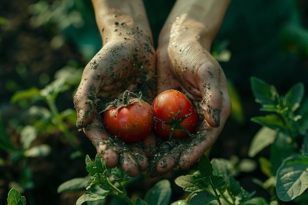 Foto persona che tiene due pomodori in un giardino