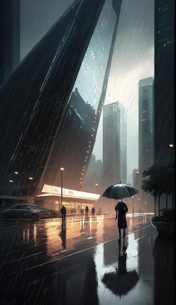 A person holding an umbrella in the rain with a building in the background.