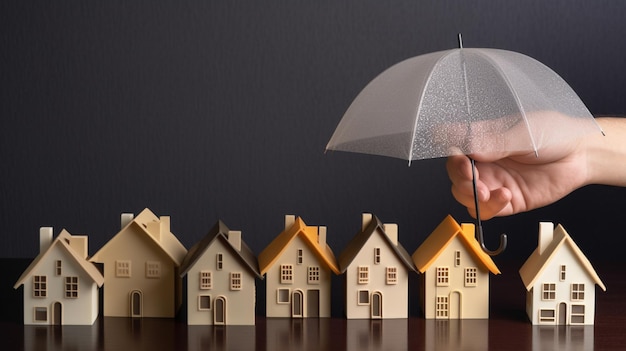 A person holding an umbrella over a row of houses.