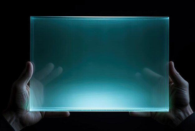 Photo a person holding up the clear glass in a light blue colored setting with black background