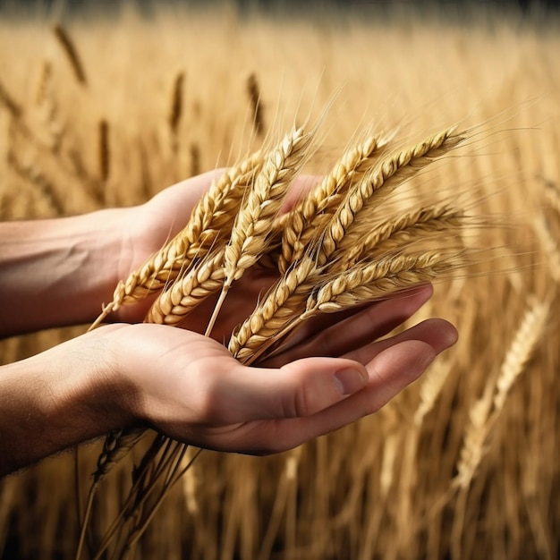 A person holding wheat ears in a field