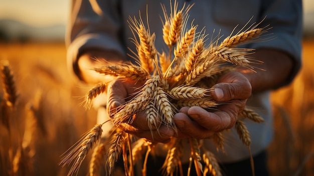 Person holding wheats on wheat field generative ai