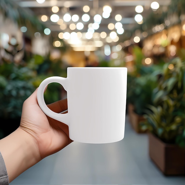 A person holding a white mug with a white handle.