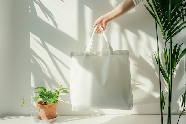 Person holding white tote bag by houseplant in flowerpot