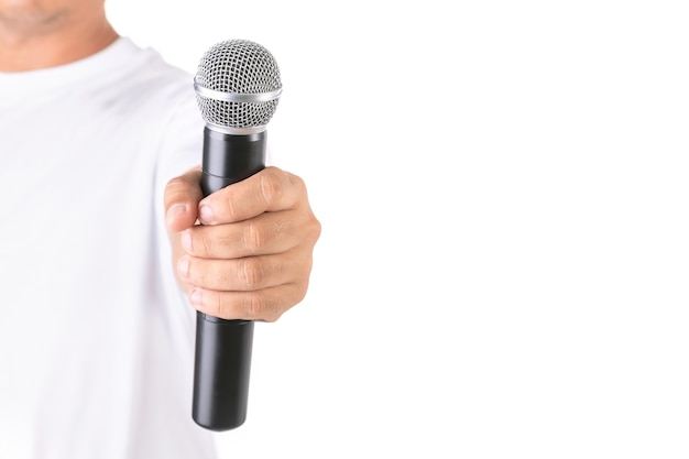 Photo person holding wireless microphone