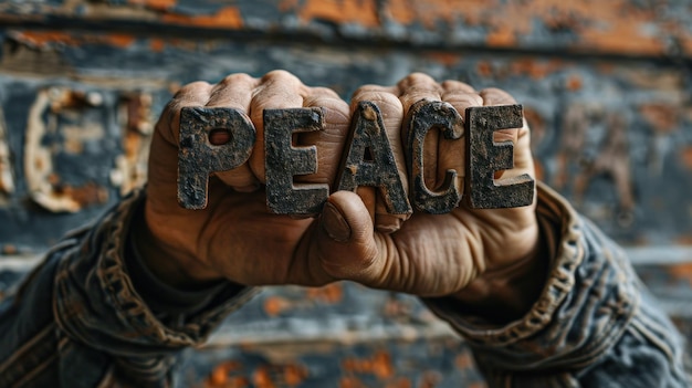A person holding a wooden sign that says peace ai
