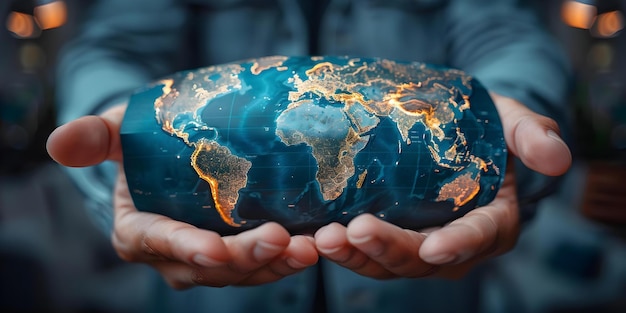 Человек, держащий карту мира, показывающую континенты и страны Технологическая концепция Концепция Глобальная связь Технология Интеграция Образовательные ресурсы Мировая география Культурная осведомленность