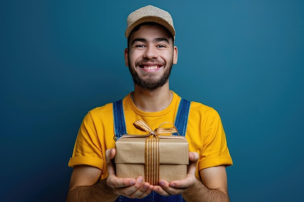 Person holding a wrapped gift box on a blue background