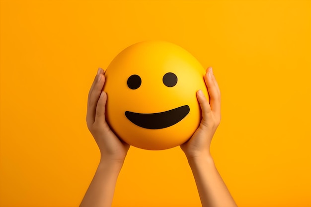 A person holding a yellow ball with a smiley face on it