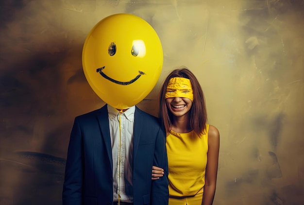 person holding yellow balloon with smile logo wrapped around her face happy couple