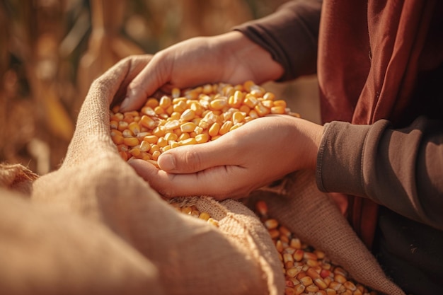 A person holds a bag of corn from a farm.