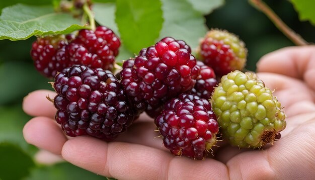 a person holds a bunch of raspberries with a green leaf