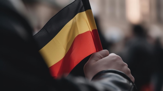 A person holds a flag in a crowd.