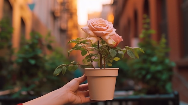 A person holds a flower in a pot with a rose in the background.