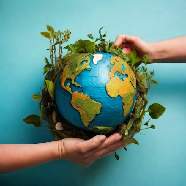 Photo a person holds a globe with a plant growing out of it