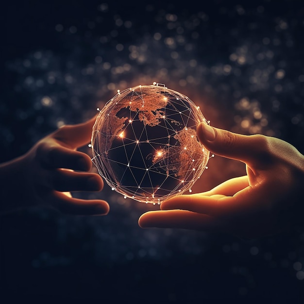 A person holds a globe with the words world on it