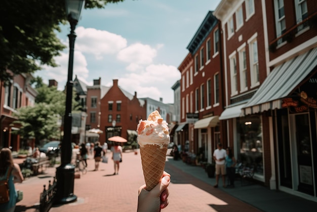 A person holds ice cream cone in their hand while strolling through historic downtown district