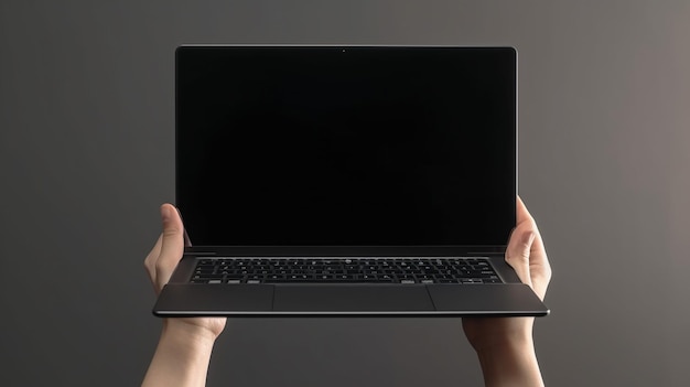 A person holds a laptop with the screen open.