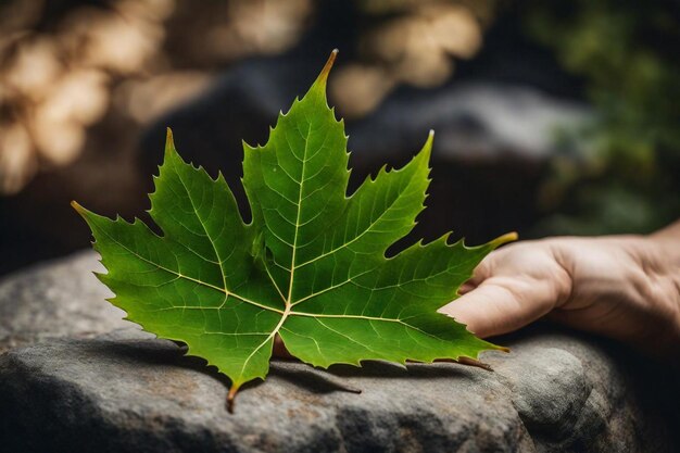 a person holds a leaf on a rock with the word oak on it