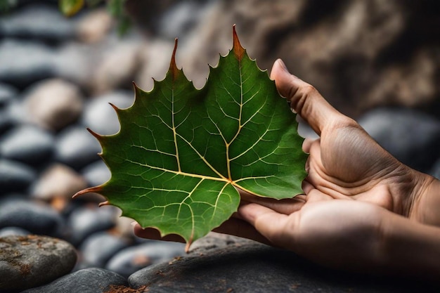 a person holds a leaf that has the word t on it