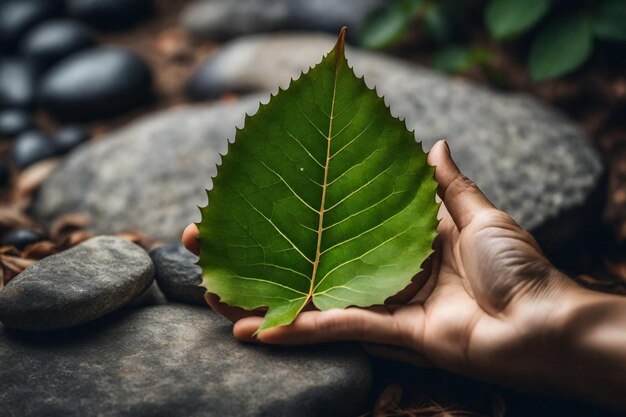 Photo a person holds a leaf that is green in color