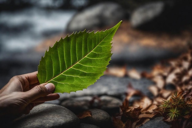 Foto una persona tiene una foglia di colore verde