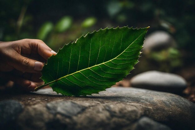 a person holds a leaf with a green leaf on it