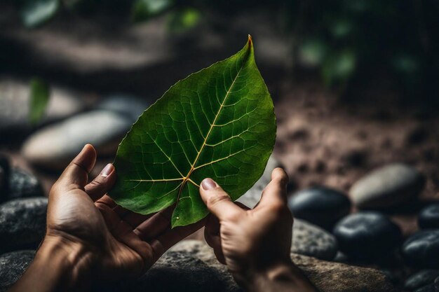 a person holds a leaf with the word quot in the middle quot on it