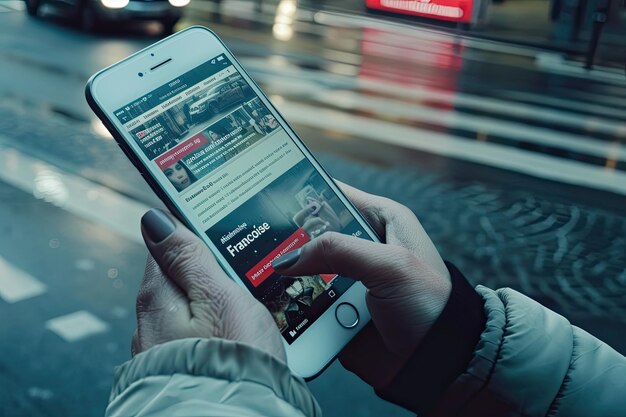 Person holds a mobile device a portable communications gadget with their hand