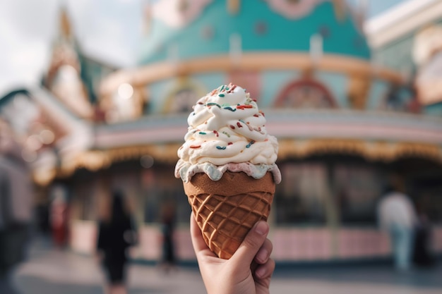 A person holds a sweet ice cream cone while having a blast at a vibrant and thrilling theme park