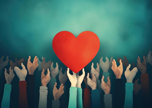 a person holds up the hands of many people showing their with a heart in the style of teal and red