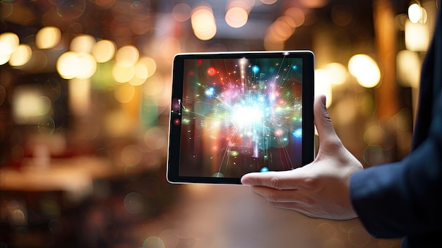 a person holds up a tablet with the lights on the screen.