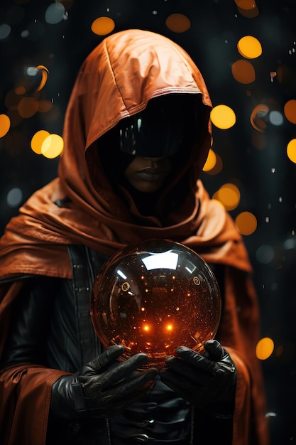 a person in a hood holding a crystal ball