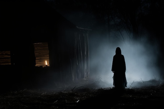 a person in a hood standing in front of a house at night