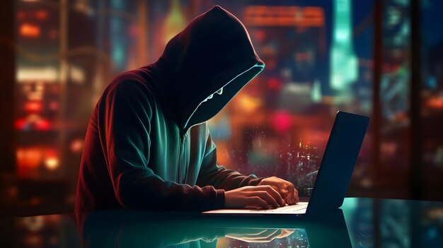 A person in a hooded hood using a laptop with a lock on it bokeh panorama glowing neon