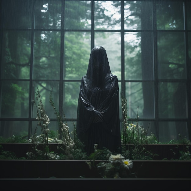 a person in a hooded robe standing in front of plants