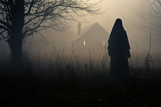 a person in a hooded robe standing in the woods at night