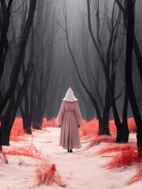 Foto una persona con una veste con cappuccio che cammina attraverso una foresta