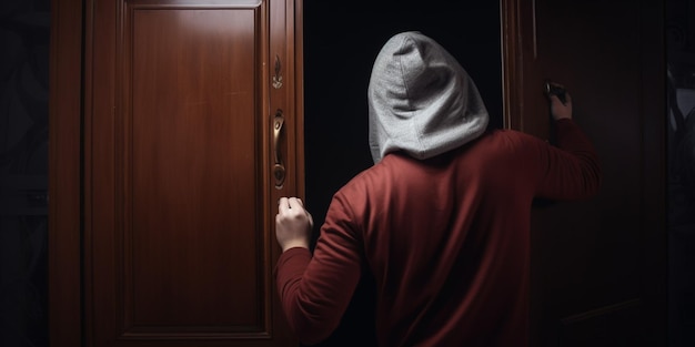 A person in a hoodie is opening a door.