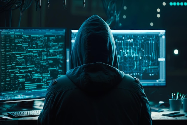 Person in hoodie sitting at computer with two monitors Generative AI