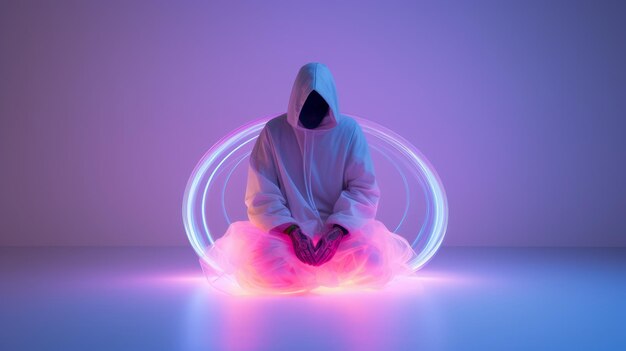 A person in a hoodie sitting in front of a glowing circle