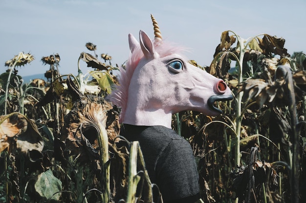 Photo person in horse head standing amidst plants