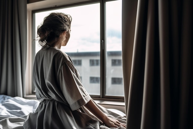 A person in a hospital gown looking out a window illness Generative AI