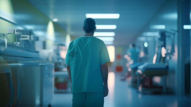 A person in a hospital hallway with a blue background