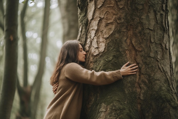 A person hugging a tree in a peaceful forest mental health