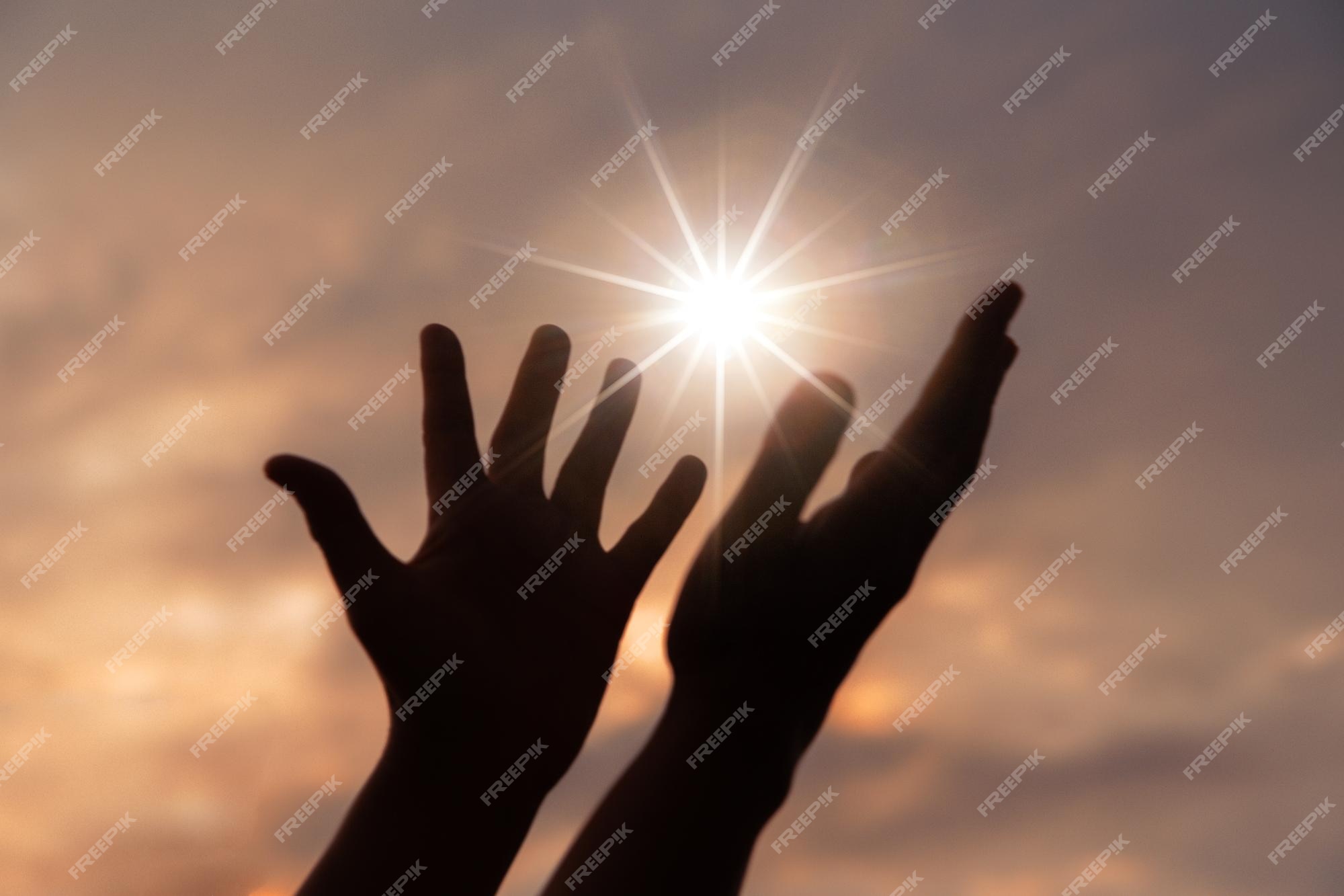 Premium Photo | Person human hands open palm up worship or pray for god  background is sunrise concept for christian christianity catholic religion  divine heavenly celestial or god